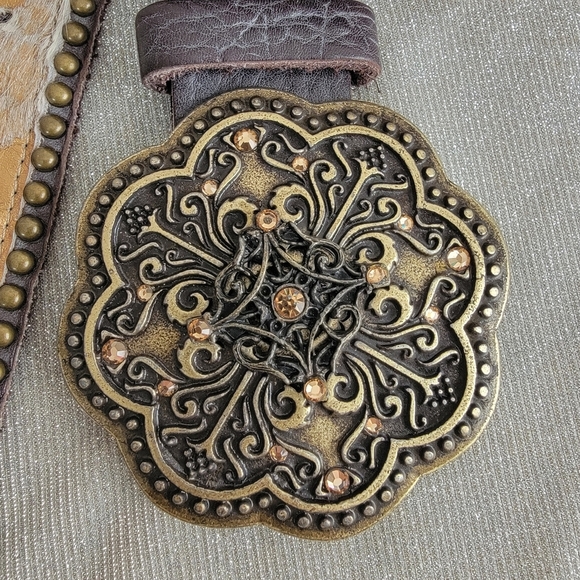 Western Brown Leather Belt with Ornate Buckle, Studs and Hides - Picture 3 of 8